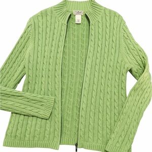 L.L. Bean Women's Light Green Cable Knit Y2K Era Full Zip Sweater | M